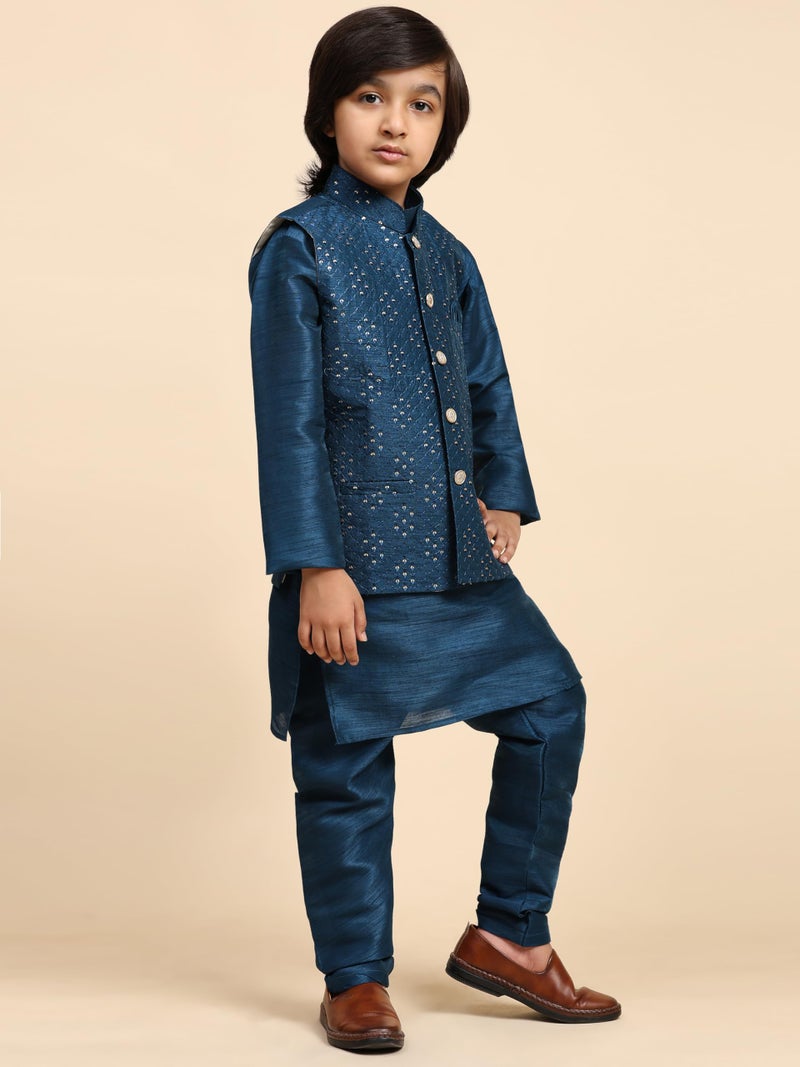 Pro-Ethic Style Developer Kurta Set For Kids Boys with Waistcoat | Silk | Floral | Traditional Dress (S-240) 3-4 years, Navy Blue - Image 3