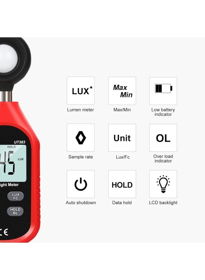 UNI-T UT383 Light Meter Lux Meter Lumens Digital Illuminance Meter 0~199,900 Lux (0~18,500 FC) Foot Candles Luxmeter for Film Photography Plants Photometer Lighting Intensity Brightness Measurement - Image 2