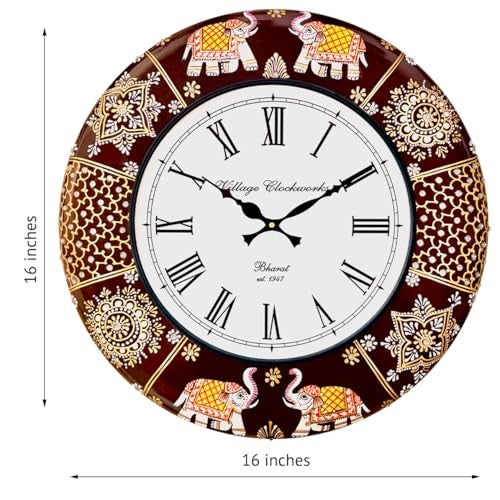 RoyalsCart Ethnic Handcrafted Decorative Analog Wall Clock with Rajasthani Elephant Painting|Wooden Clock for Living Room, Bedroom & Office | 16 Inch | Vintage Design | Silent Sweep Movement [KTWC191] - Image 3