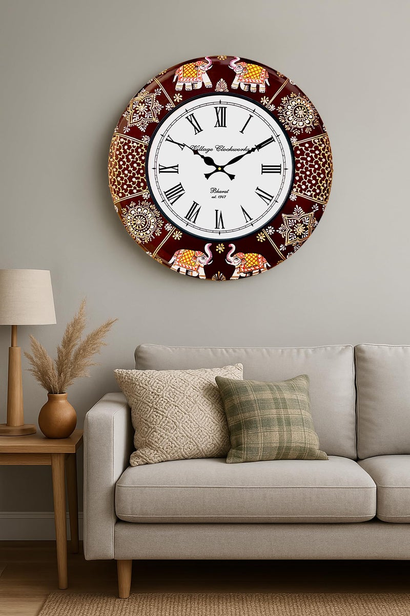 RoyalsCart Ethnic Handcrafted Decorative Analog Wall Clock with Rajasthani Elephant Painting|Wooden Clock for Living Room, Bedroom & Office | 16 Inch | Vintage Design | Silent Sweep Movement [KTWC191] - Image 4