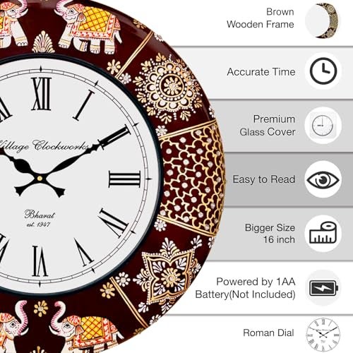 RoyalsCart Ethnic Handcrafted Decorative Analog Wall Clock with Rajasthani Elephant Painting|Wooden Clock for Living Room, Bedroom & Office | 16 Inch | Vintage Design | Silent Sweep Movement [KTWC191] - Image 2