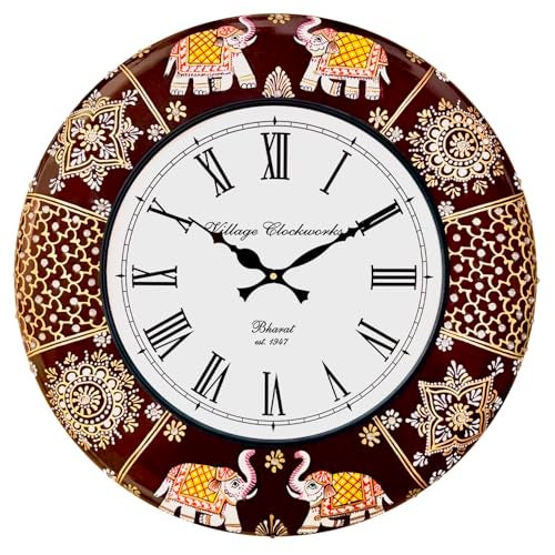 RoyalsCart Ethnic Handcrafted Decorative Analog Wall Clock with Rajasthani Elephant Painting|Wooden Clock for Living Room, Bedroom & Office | 16 Inch | Vintage Design | Silent Sweep Movement [KTWC191] - Image 1