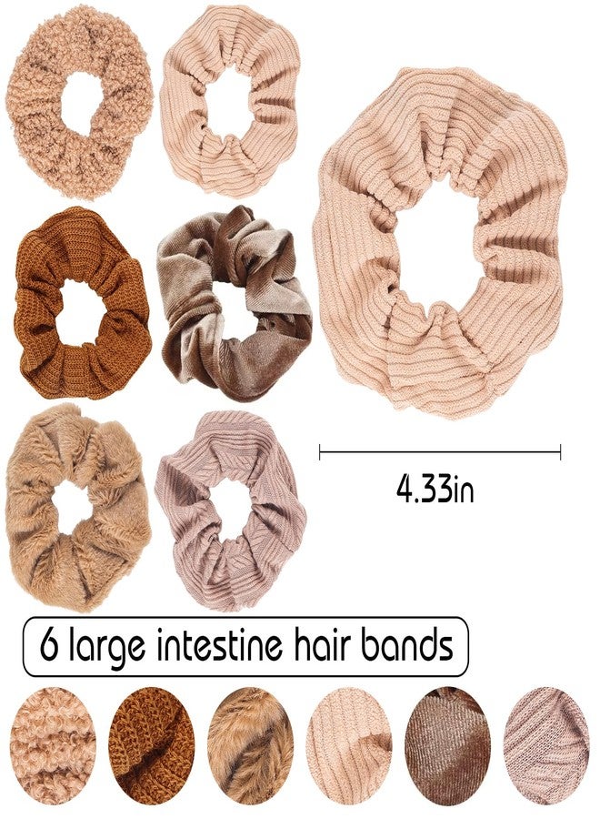 TUCEWP Scrunchies for Women's Hair 6Pcs Large Brown Knit Fuzzy Scrunchies for Long Thick Curly Hair Ultra Textured Soft Hair Bands Neutral Scrunchie Cute Ponytail Holders No Damage Elastic Hair Ties - Image 2