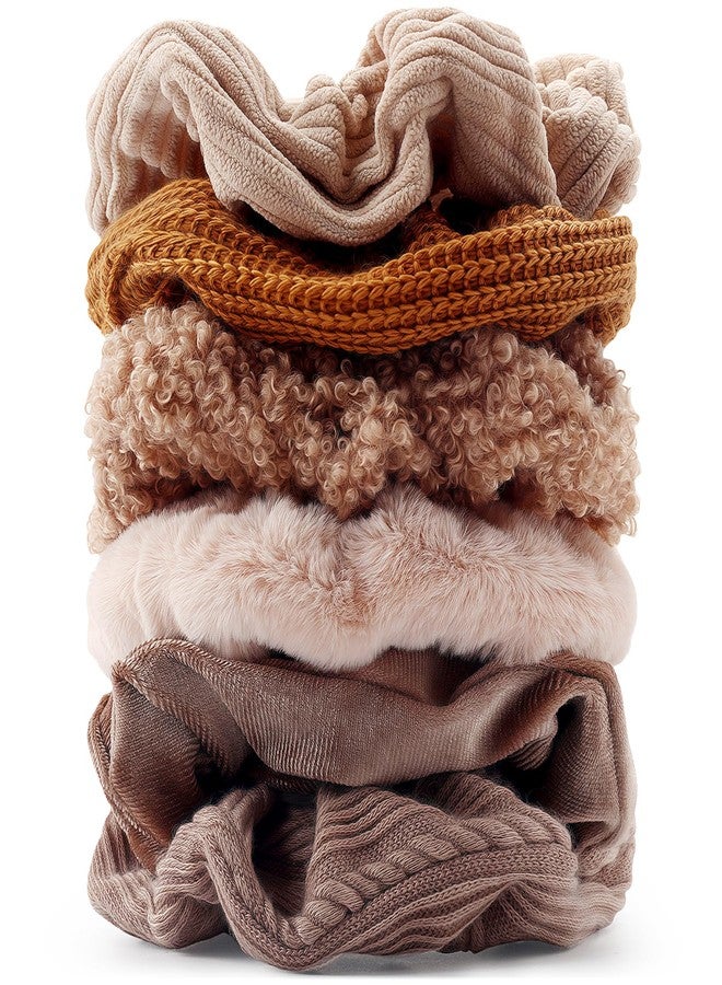 TUCEWP Scrunchies for Women's Hair 6Pcs Large Brown Knit Fuzzy Scrunchies for Long Thick Curly Hair Ultra Textured Soft Hair Bands Neutral Scrunchie Cute Ponytail Holders No Damage Elastic Hair Ties - Image 1