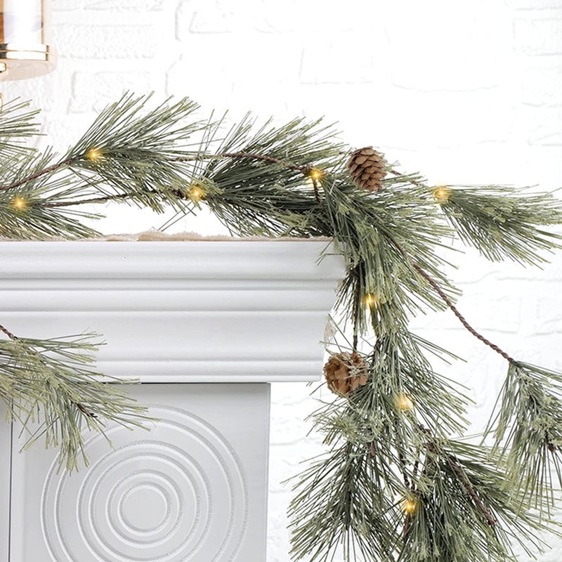 64ft Smokey Christmas Garland with Lights Prelit Natual Rustic Cedar Pine Garland with Pine Cones for Home New Year Mantle Fireplace Indoor Outdoor Decoration Simple Garland