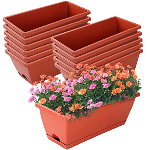 CHUKEMAOYI Window Box Planter, 12 Pack Plastic Vegetable Flower Planters Boxes 17 Inches Rectangular Flower Pots with Saucers for Indoor Outdoor Garden, Patio, Home Decor (Brick red) - Image 1