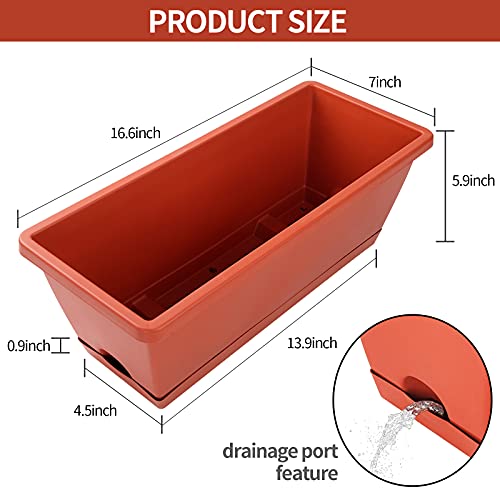 CHUKEMAOYI Window Box Planter, 12 Pack Plastic Vegetable Flower Planters Boxes 17 Inches Rectangular Flower Pots with Saucers for Indoor Outdoor Garden, Patio, Home Decor (Brick red) - Image 3