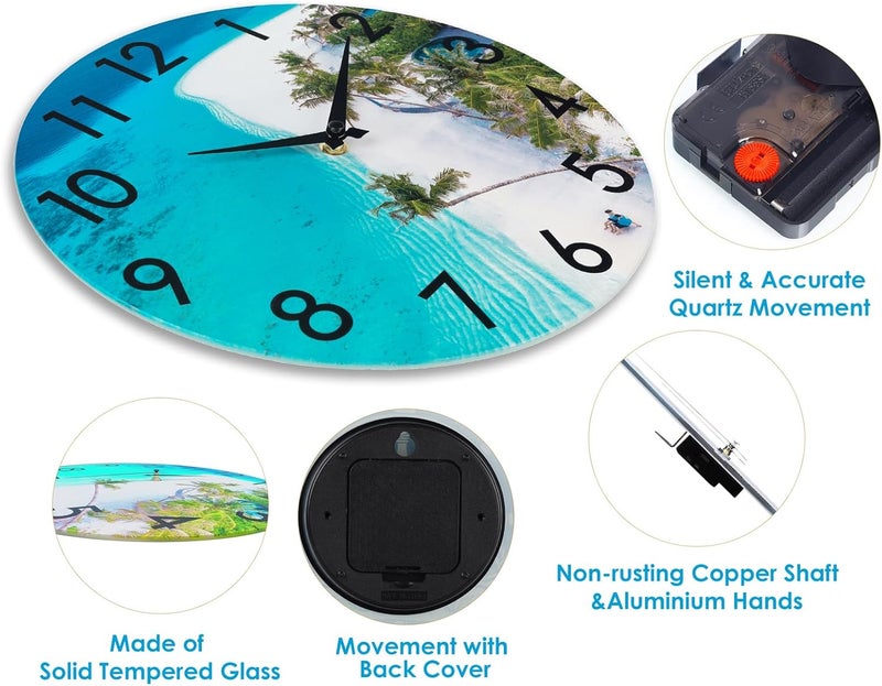 Crosstime 14 Inch Waterproof Glass Outdoor Clock for Patio Pool, Tropical Beach Coastal Decor Wall Clock for Bathroom Bedroom, Blue Ocean Inspired Seaside Decorations for Home or Beach House Room - Image 3