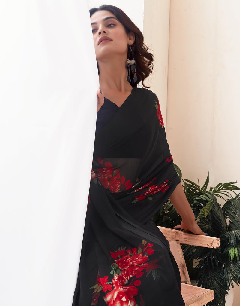 SIRIL Women's Georgette Floral Printed Satin Stripe Saree With Unstitched Blouse Piece (3881S128_Black & Red) - Image 5