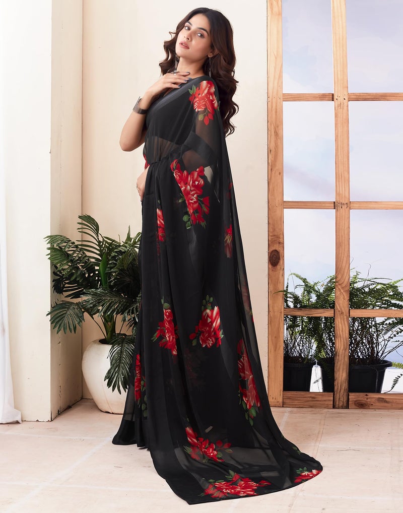 SIRIL Women's Georgette Floral Printed Satin Stripe Saree With Unstitched Blouse Piece (3881S128_Black & Red) - Image 2