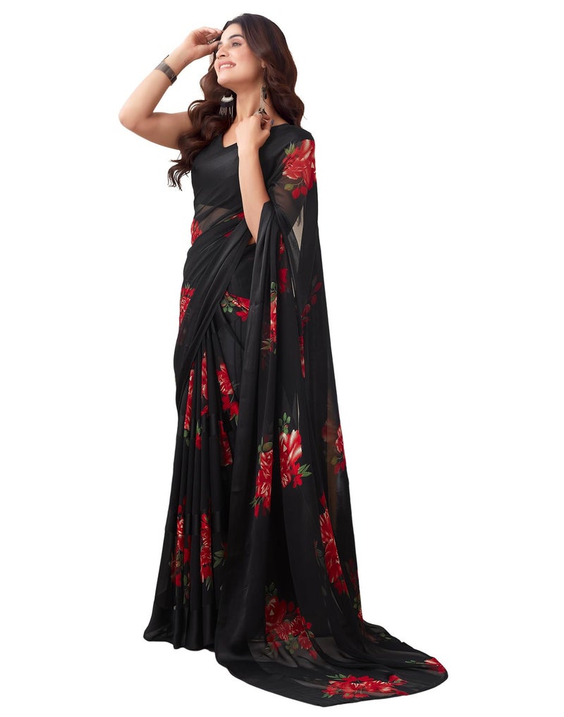 SIRIL Women's Georgette Floral Printed Satin Stripe Saree With Unstitched Blouse Piece (3881S128_Black & Red) - Image 1