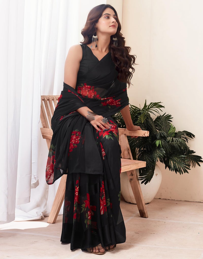 SIRIL Women's Georgette Floral Printed Satin Stripe Saree With Unstitched Blouse Piece (3881S128_Black & Red) - Image 3