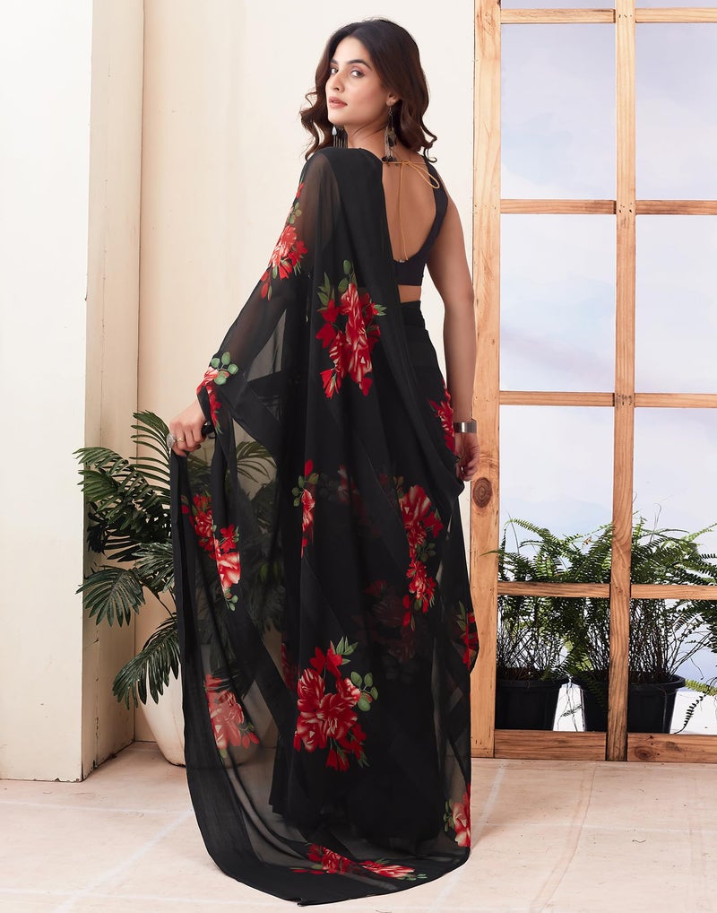 SIRIL Women's Georgette Floral Printed Satin Stripe Saree With Unstitched Blouse Piece (3881S128_Black & Red) - Image 4