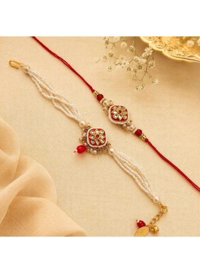 Bhaiya Bhabhi Rakhi Set with Red Thread and White Beaded Lumba Rakhi
