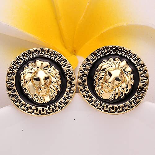 LZD Yellow Gold Plated Black Round Earrings Stud Push Back Lion 1" L319 - Image 4