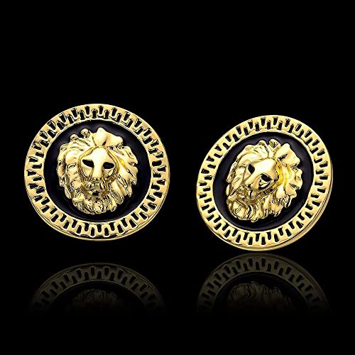 LZD Yellow Gold Plated Black Round Earrings Stud Push Back Lion 1" L319 - Image 2