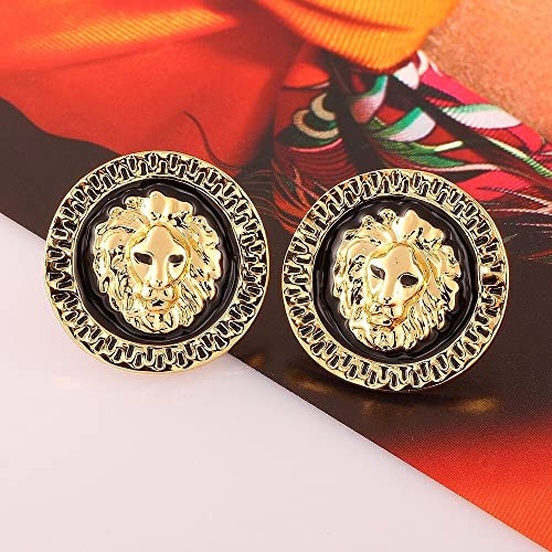LZD Yellow Gold Plated Black Round Earrings Stud Push Back Lion 1" L319 - Image 5