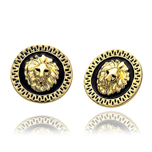 LZD Yellow Gold Plated Black Round Earrings Stud Push Back Lion 1" L319 - Image 1