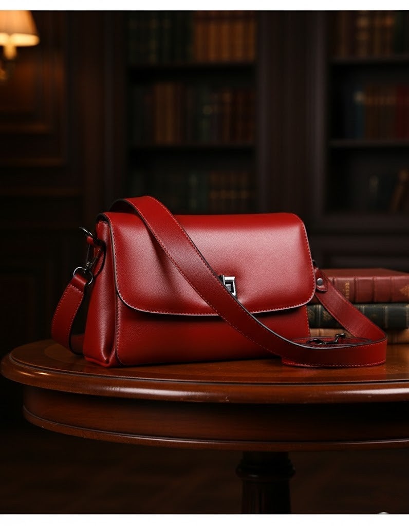 حقيبة كتف أنيقة من الجلد الأحمر مع مشبك معدني - Image 2