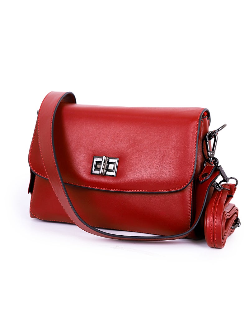 حقيبة كتف أنيقة من الجلد الأحمر مع مشبك معدني - Image 1