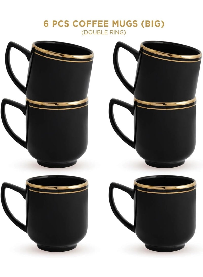 Peggy Oliver Coffee Mugs in Black (300 ml) | Real Gold Plated Double Rings | Dishwasher Safe | Elegant Set for Serving & Gifting - Set of 6 - Image 2