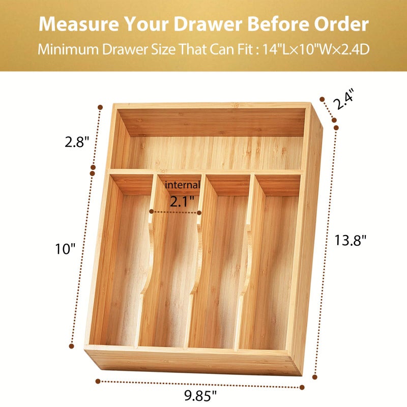 Umilife Kitchen Drawer Organizer, 10 Inch Silverware Utensil Tray Holder, Extra Deep, with Non-Slip Feet & Grooved Drawer Divider, 5 Slots Total Bamboo Wood Caddy for Flatware Cutlery Knives - Image 5