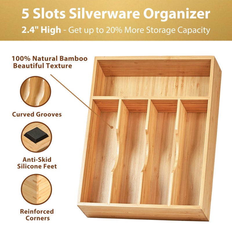 Umilife Kitchen Drawer Organizer, 10 Inch Silverware Utensil Tray Holder, Extra Deep, with Non-Slip Feet & Grooved Drawer Divider, 5 Slots Total Bamboo Wood Caddy for Flatware Cutlery Knives - Image 2