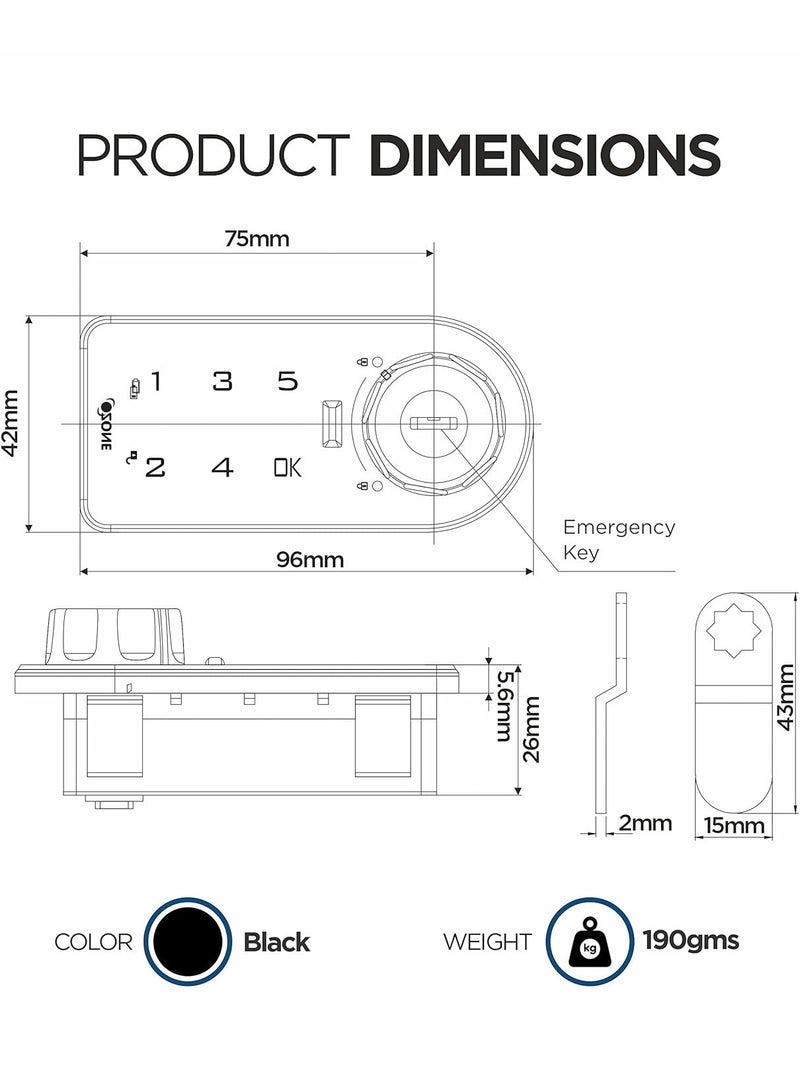 أوزون قفل الأثاث الذكي OZFL 301 VPK (أسود) | بصمة مستطيلة ومفيدة  | الوصول إلى المفتاح | نظام القفل اليدوي |  (كلمة المرور والمفتاح) | بواسطة الأوزون الهند - Image 5