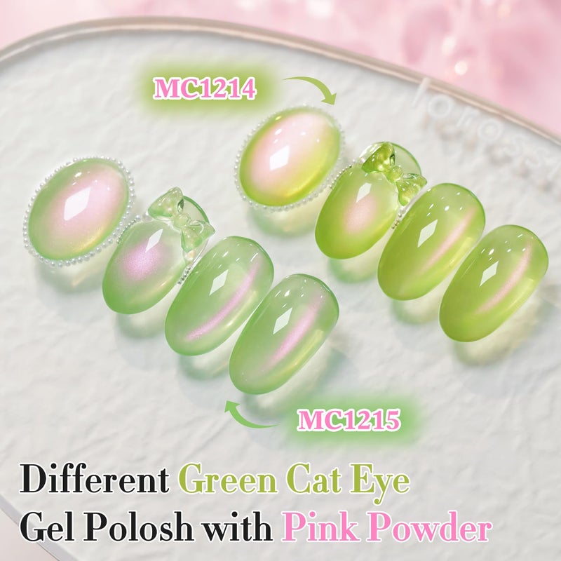 Double Rhythm 0.5 OZ Cat Eye Gel Polish with Magnet 15ML Holographic Glitter Shimmer Translucent Jelly Color Magnetic Nail Polish Salon DIY at Home (Green Pink-MC1214) - Image 5