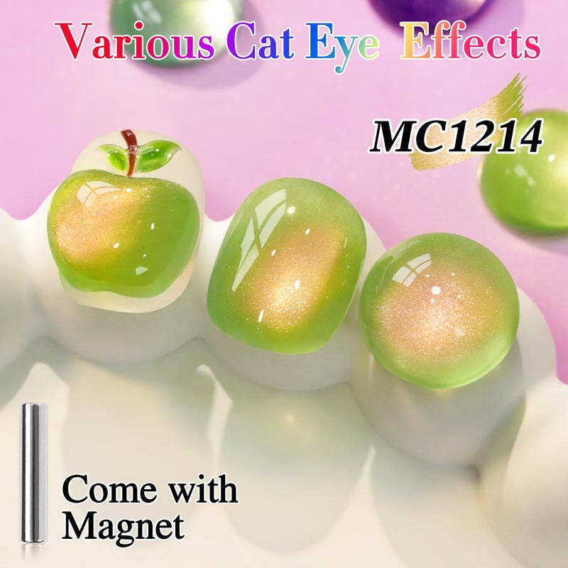 Double Rhythm 0.5 OZ Cat Eye Gel Polish with Magnet 15ML Holographic Glitter Shimmer Translucent Jelly Color Magnetic Nail Polish Salon DIY at Home (Green Pink-MC1214) - Image 3