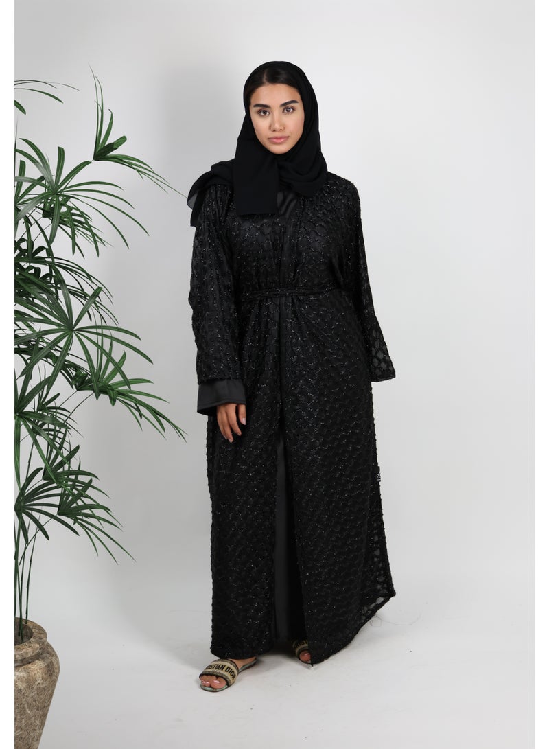 JAMEELA Black Abaya with Smock Adorned Embellishments - Image 1