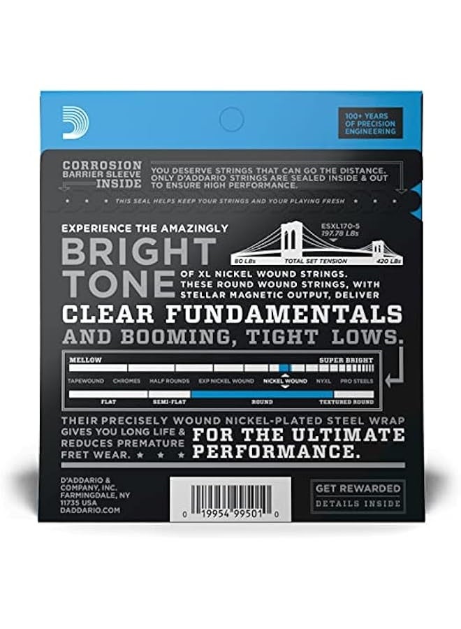 D'Addario Bass Guitar Strings - XL Nickel Bass Strings - EXL170-5 - Perfect Intonation, Feel, Durability - For 5 String Bass Guitars - 45-130 Regular Light 5-String, Long Scale - Image 2
