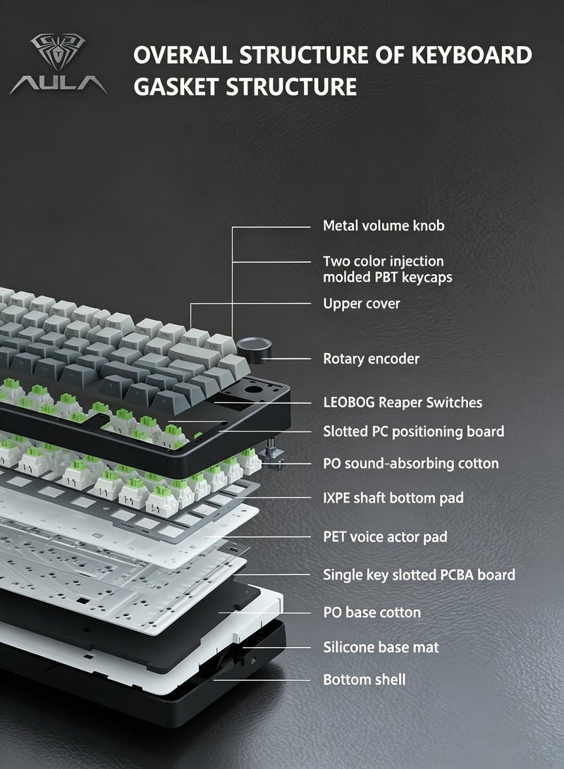 AULA F75 Gasket Mechanical Keyboard, 75% Wireless Gaming Keyboard Bluetooth/2.4GHz/USB-C - Image 3