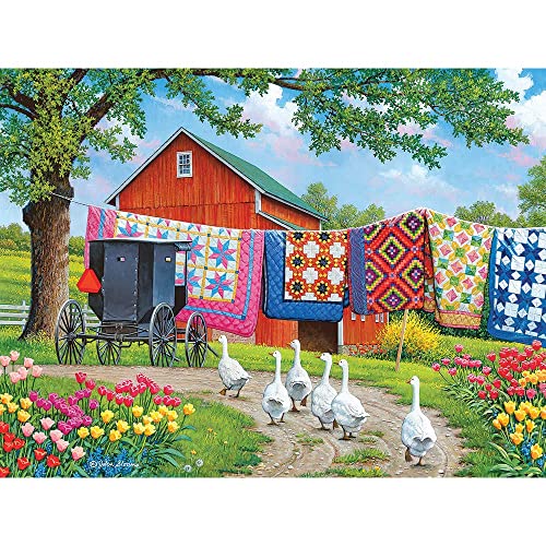 Bits and Pieces 500 Piece Jigsaw Puzzle for Adults Plain and Fancy Geese Farm Quilt Laundry Car Jigsaw Puzzle by Artist John Sloane Completed Puzzle Size 18 x 24 - Image 1