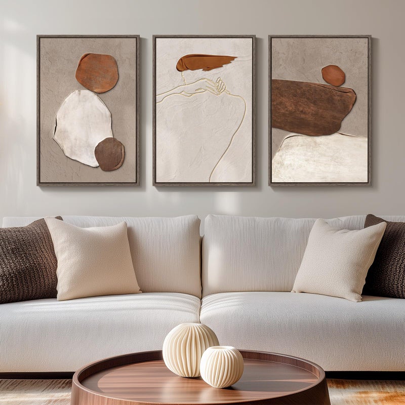 Cuspin Framed Neutral Abstract Wall Art 3 Piece Earth Tones Rustic Canvas Prints Paintings Artwork for Walls Minimalist Abstract Stone Pictures for Living Room Dining Room Bedroom Wall Decor 16x24 Inch