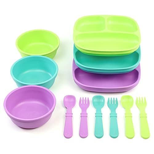 RePlay 3 Divided Toddler Plates 3 Utensils Set and 3 Wide Base Bowls  Dishwasher and Microwave Safe  Made in USA  Mermaid