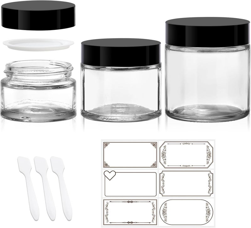 3 Pack Clear Glass Jars with lids, 4 oz, 2oz and 1 oz Cosmetic Jars with Inner Liners and Black Lids, Lotion Jars, Candle Making Jars for Lotions, Scrubs and Cosmetic, Lables and Spatulas Include