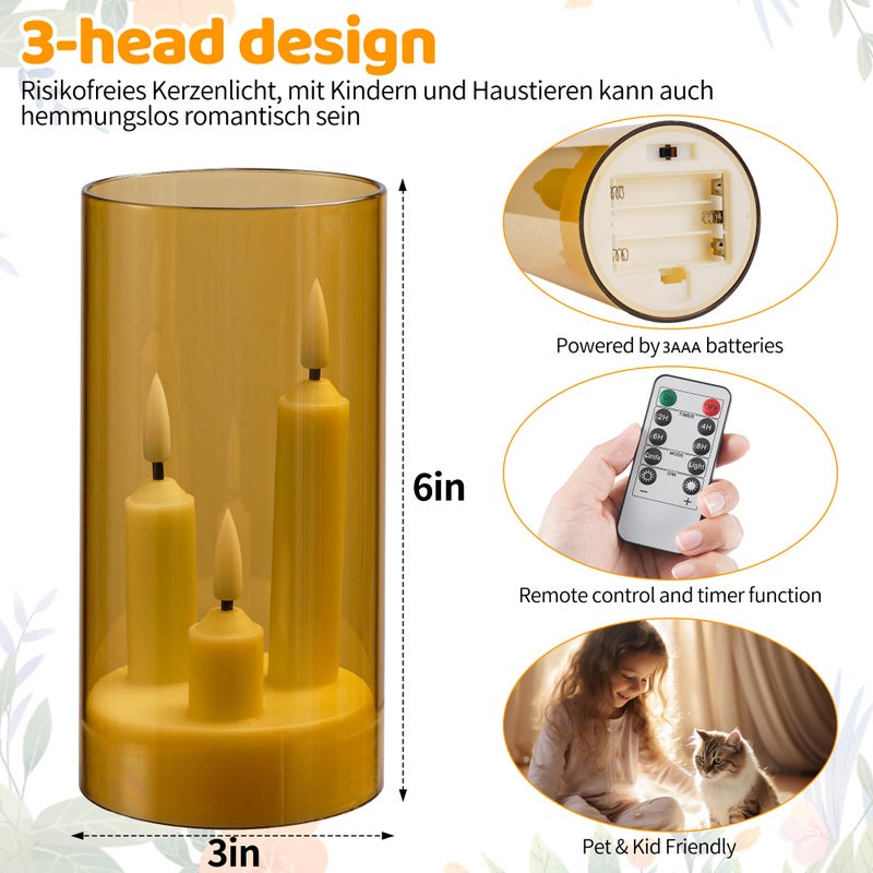 Da by LED Flameless Candles, Gold, Battery Operated with Remote and Timer, 3 Wicks Flameless Candles-2 Pack - Image 2