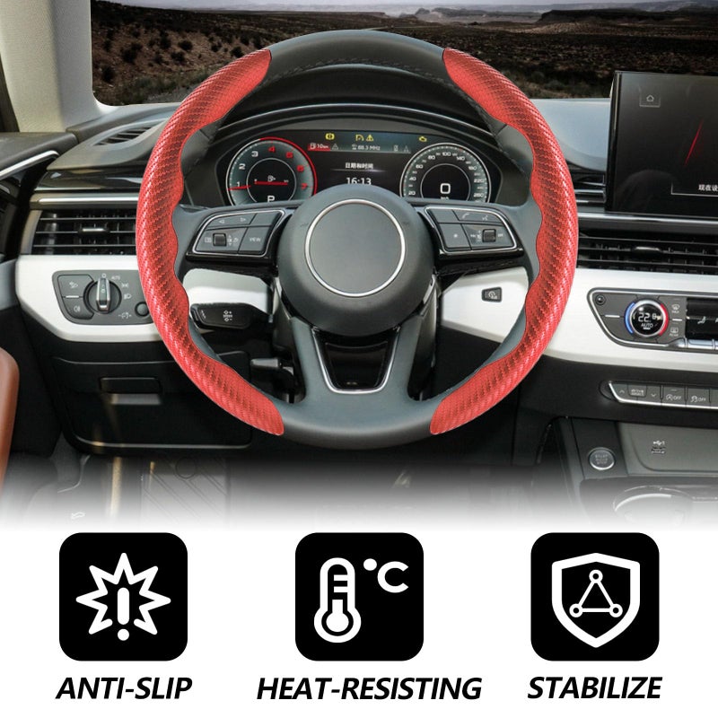 Lunwag 2pcs Universal Fit Carbon Fiber Steering Wheel Cover, Anti-Skid Steering Wheel Cover/Segmented Steering Wheel Protector/Car Interior Accessories (red) - Image 4