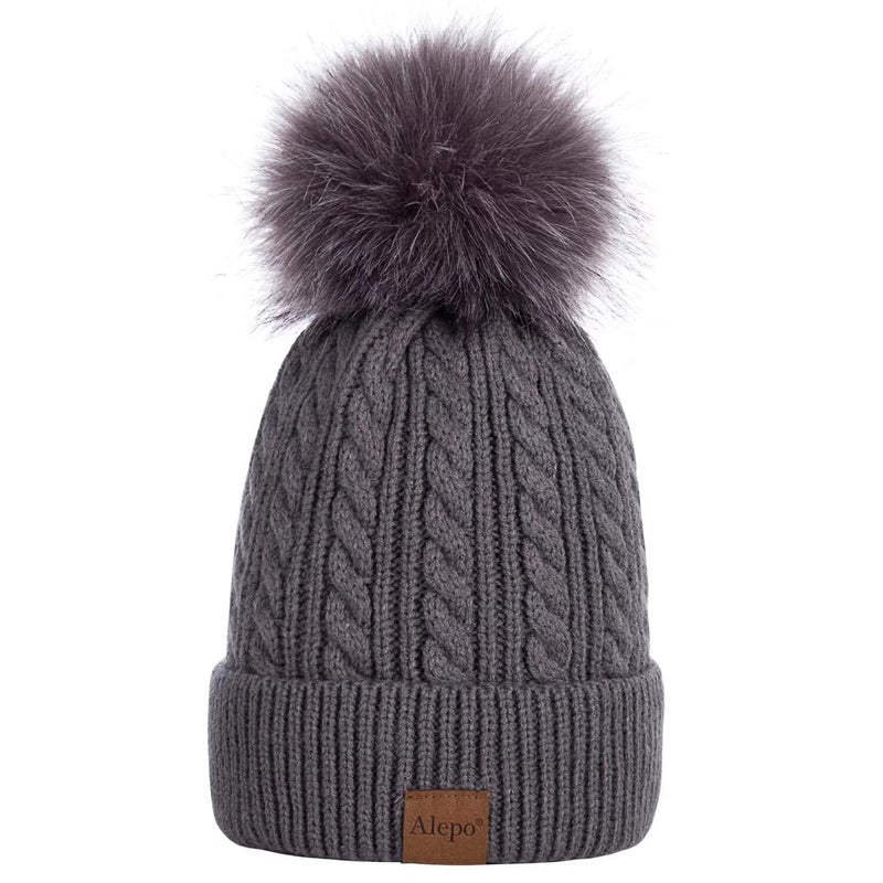 Alepo Womens Winter Beanie Hat, Warm Fleece Lined Knitted Soft Ski Cuff Cap with Pom Pom(Dark Gray) - Image 1