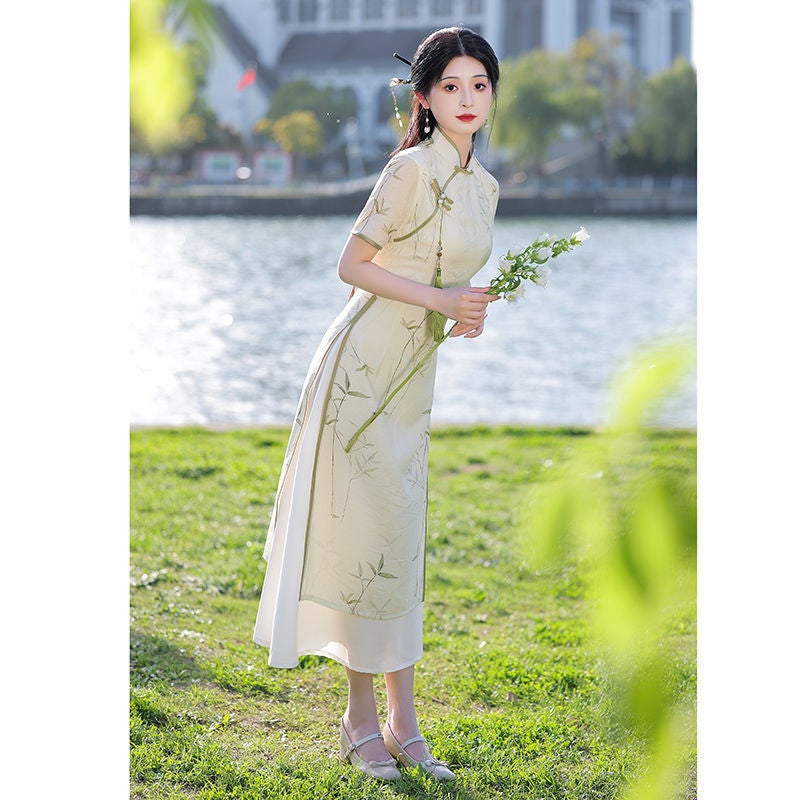 2024 Fresh Green Qipao Modern Young Girls Summer Dress Su curtain cover 