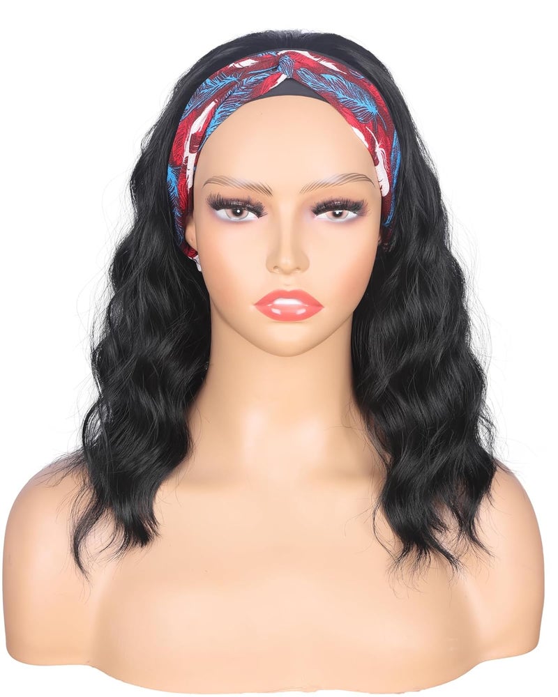 Black Wavy Headband Wig For Black Women Curly Half Wigs With Headband Attached Synthetic Wrap Wigs Turban Wigs For WomenBlack