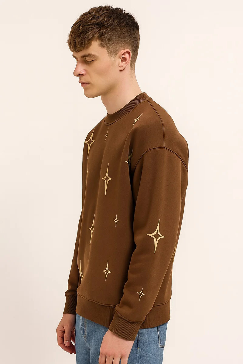 Maniac Maniac Mens All Over Printed Star Round Neck Full Sleeve Brown & Biscuit Fleece Sweatshirt