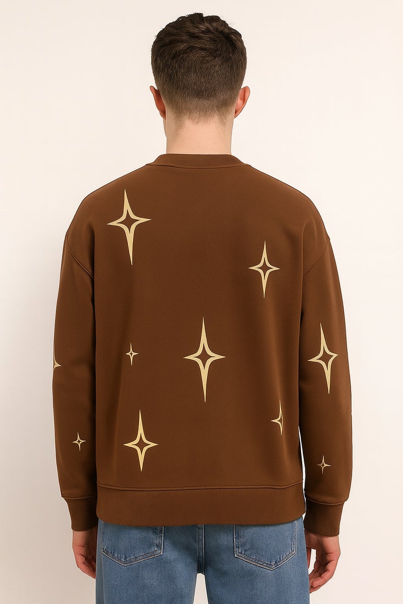 Maniac Mens All Over Printed Star Round Neck Full Sleeve Brown & Biscuit Fleece Sweatshirt - Image 3