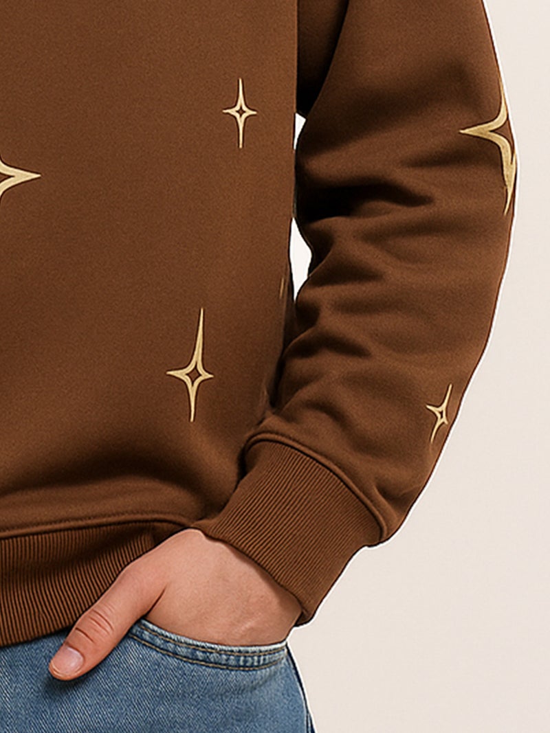 Maniac Mens All Over Printed Star Round Neck Full Sleeve Brown & Biscuit Fleece Sweatshirt - Image 5