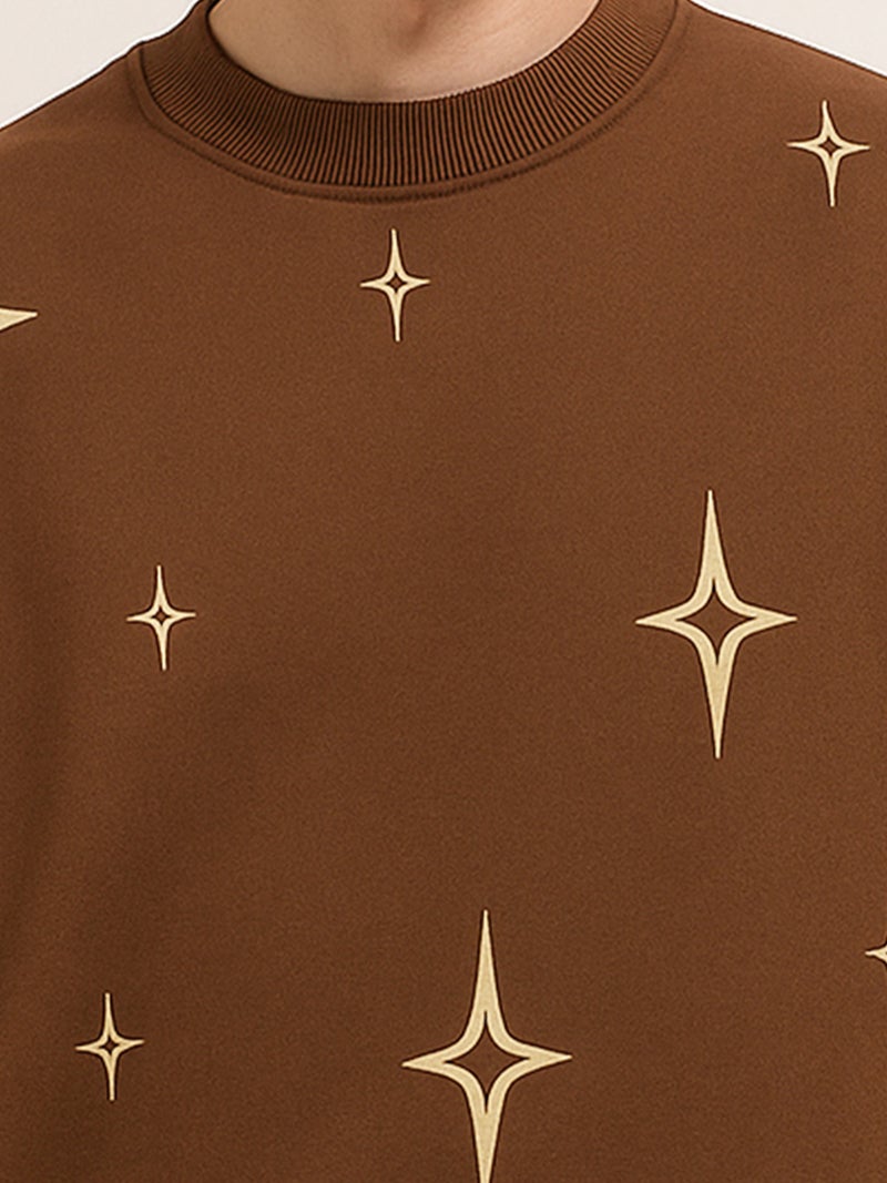 Maniac Mens All Over Printed Star Round Neck Full Sleeve Brown & Biscuit Fleece Sweatshirt - Image 4