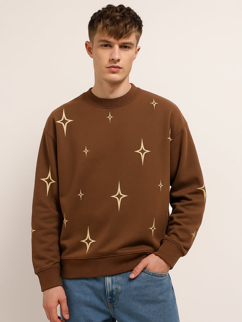Maniac Mens All Over Printed Star Round Neck Full Sleeve Brown & Biscuit Fleece Sweatshirt - Image 1
