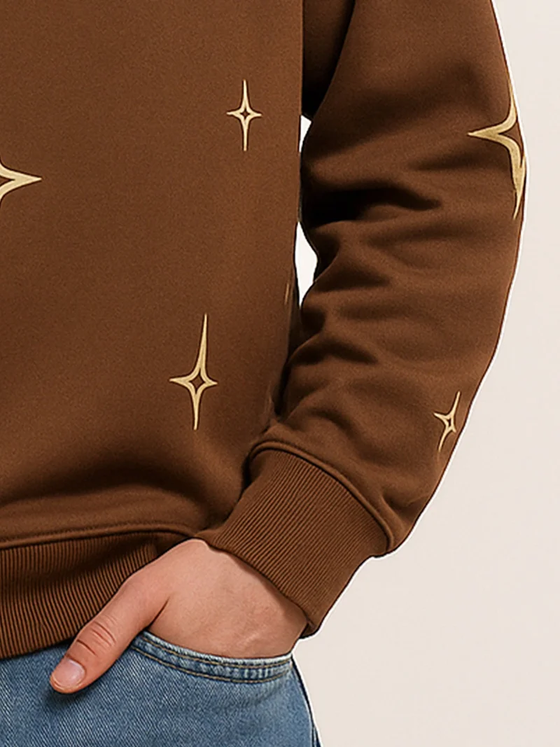 Maniac  Maniac Mens All Over Printed Star Round Neck Full Sleeve Brown & Biscuit Fleece Sweatshirt for Men | Best Price UAE