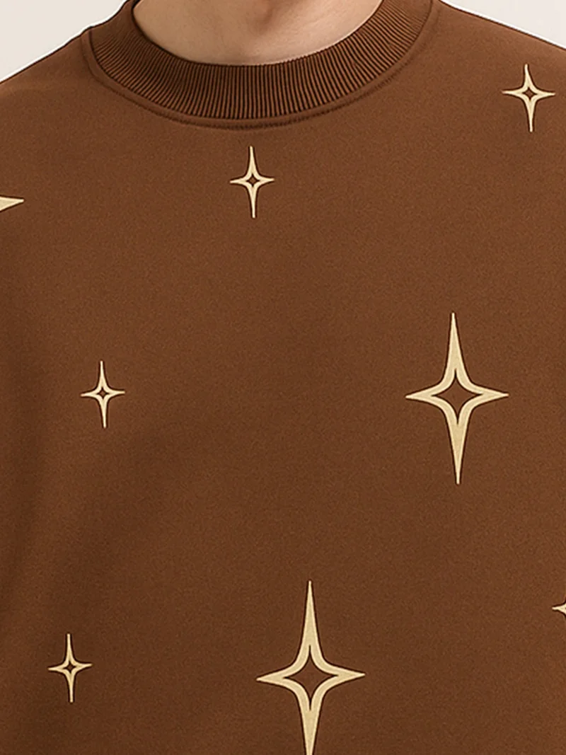 Maniac  Maniac Mens All Over Printed Star Round Neck Full Sleeve Brown & Biscuit Fleece Sweatshirt for Men | Best Price UAE