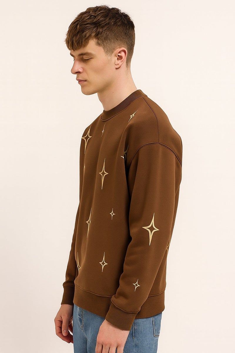 Maniac Mens All Over Printed Star Round Neck Full Sleeve Brown & Biscuit Fleece Sweatshirt - Image 2